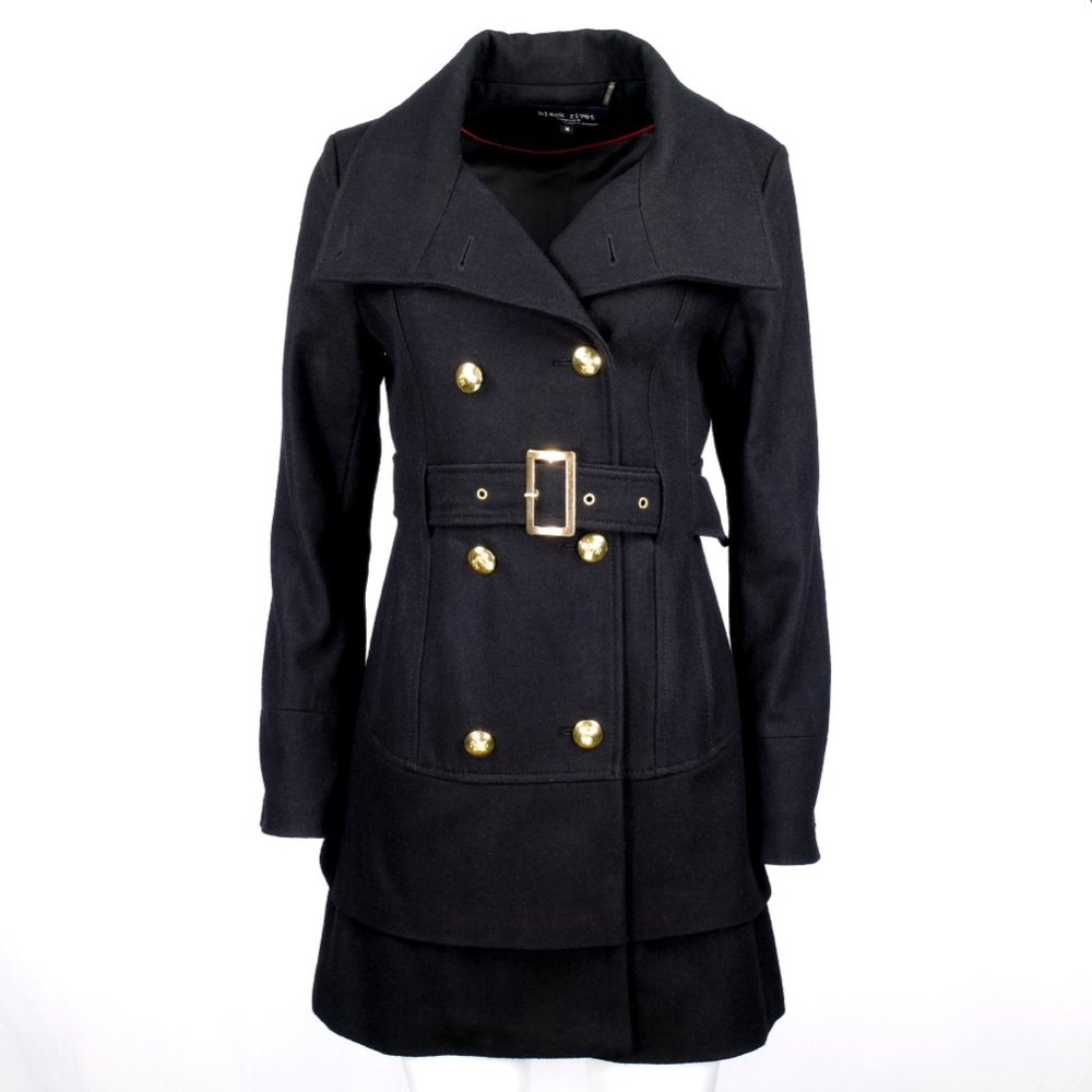 BLACK RIVET Black Wool Peplum Military Trench Coat - Picture 2 of 16